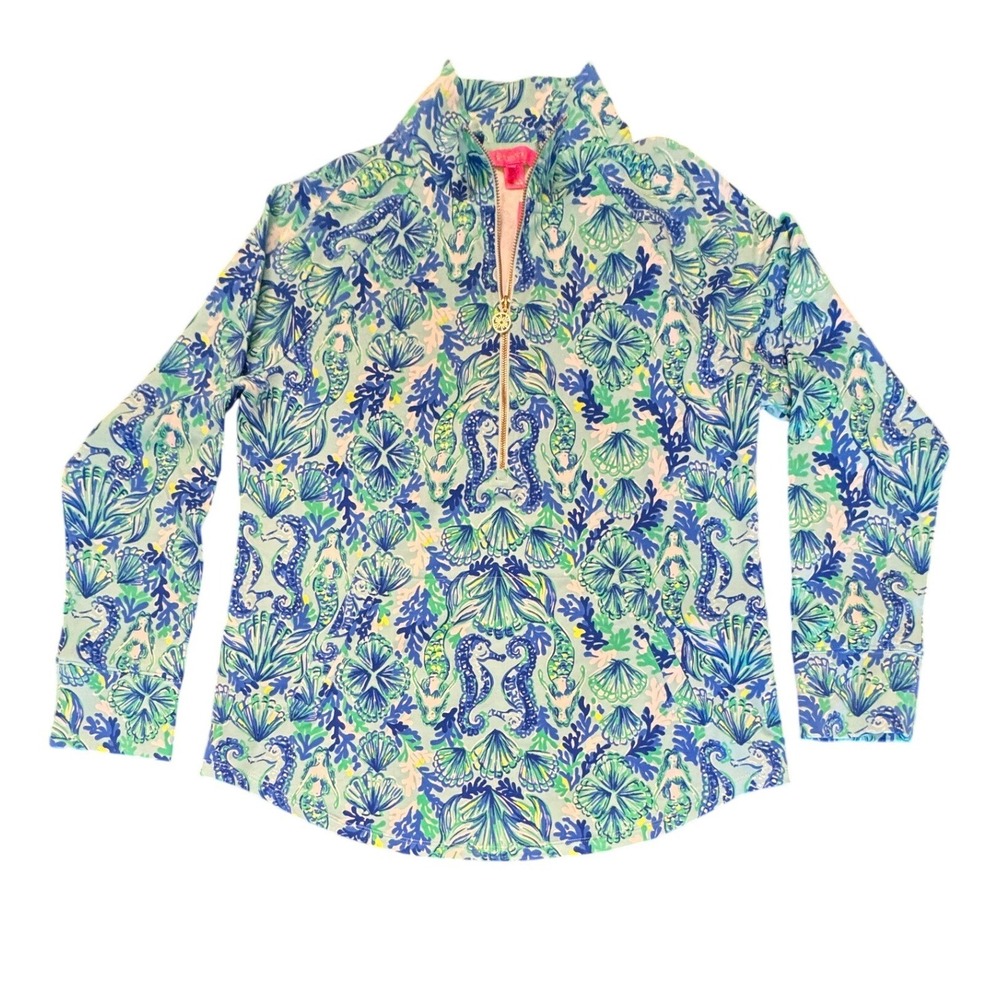 Lilly Pulitzer Skipper Popover UPF 50+ Seeing Double Mermaid Blue Green - Large